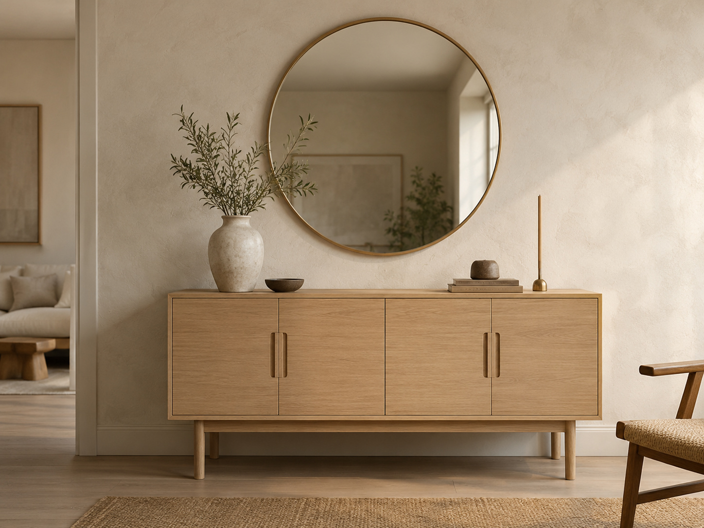 Buffet en bois clair et grand miroir rond dans une décoration naturelle et apaisante.