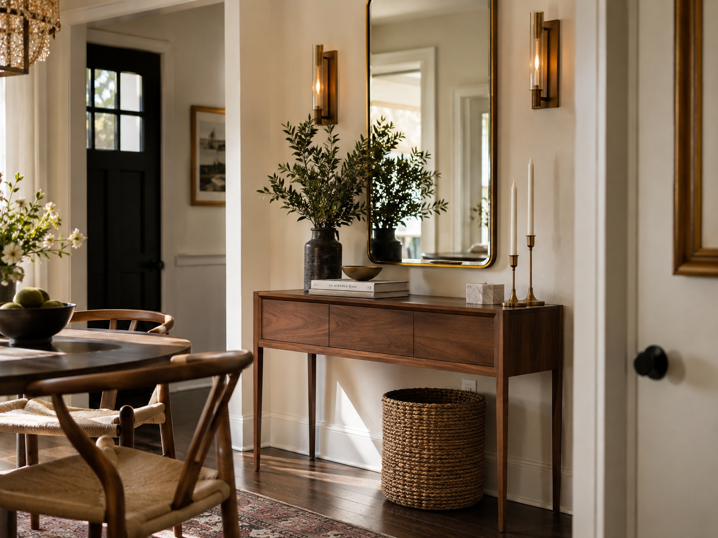 Buffet fin en noyer et miroir vertical aux angles arrondis dans un espace lumineux.