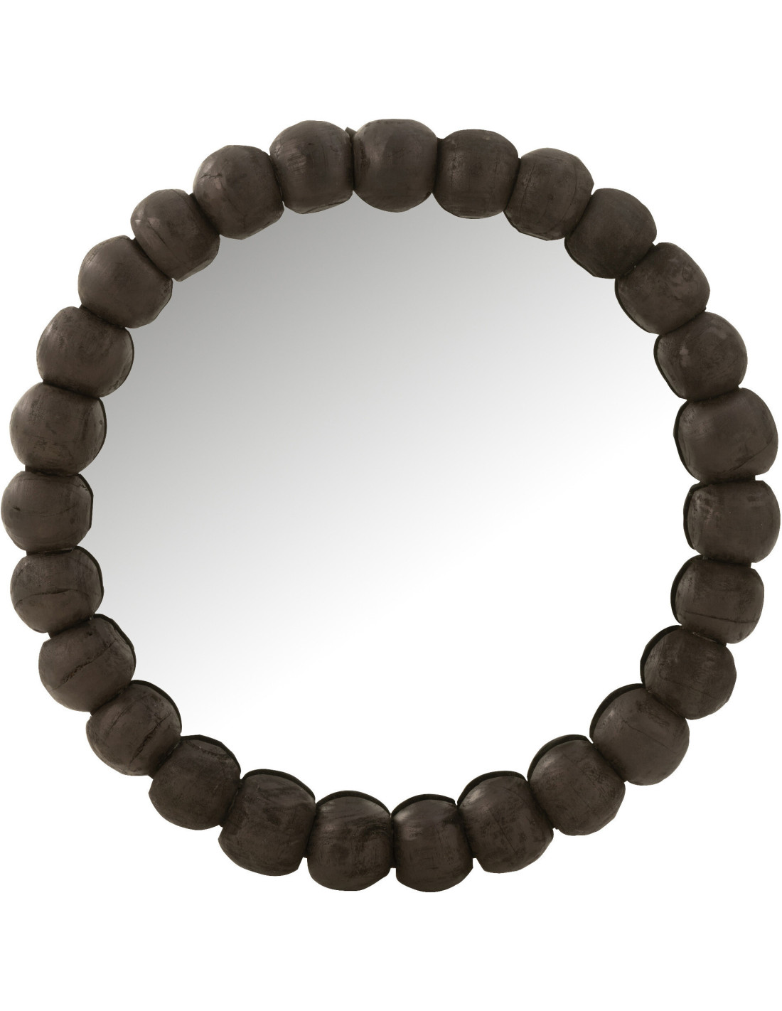 Miroir mural rond Loris avec boules en bois noir, style décoratif original, dans un salon