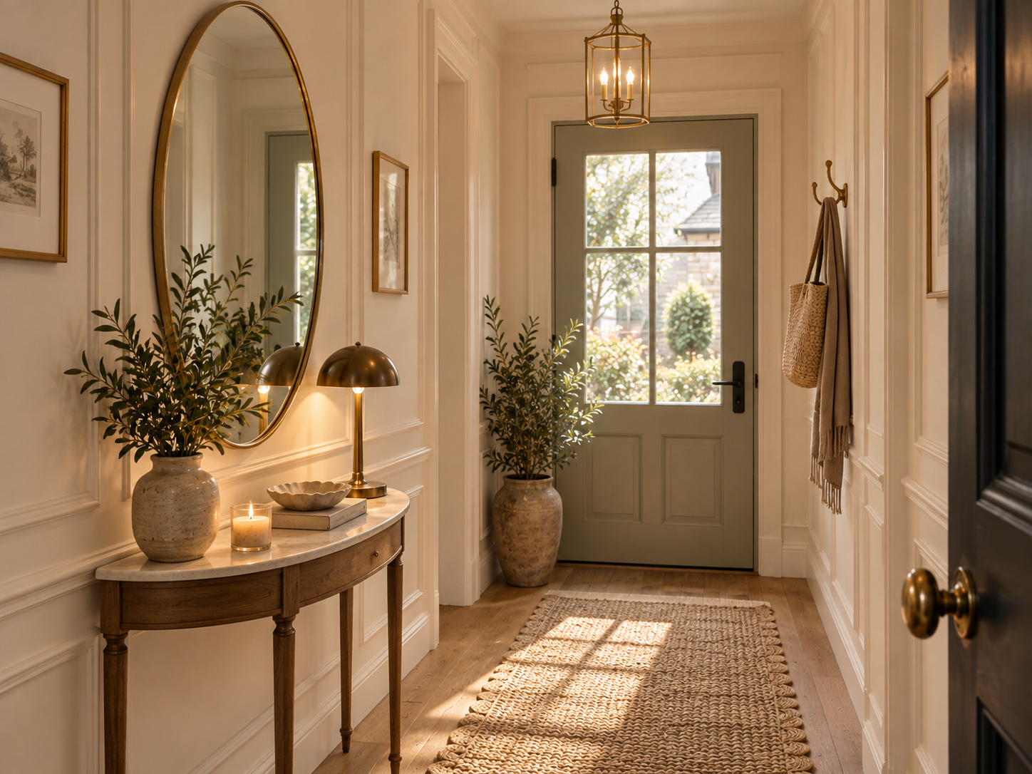 Entrée élégante avec miroir ovale à cadre fin en laiton et console étroite en bois.