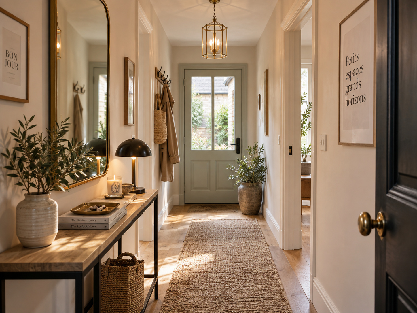 Petite entrée chaleureuse avec grand miroir, console fine, lumière naturelle et matières végétales.