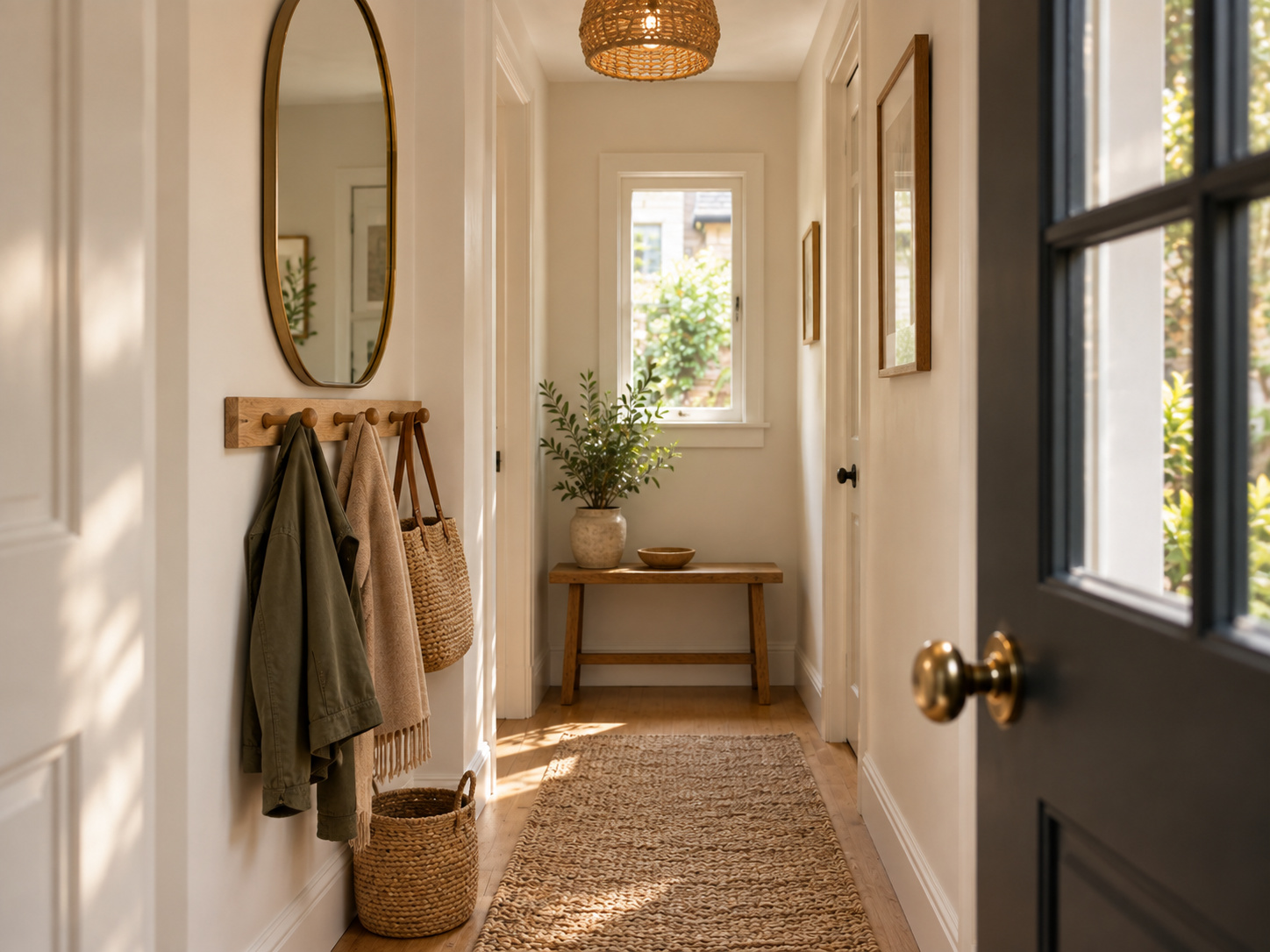 Entrée étroite avec miroir ovale vertical et patères en bois naturel.
