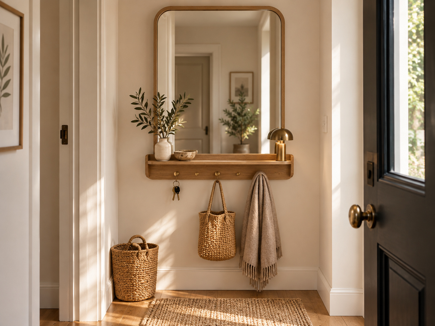 Miroir avec petite tablette, crochets et rangement intégré dans une entrée compacte.