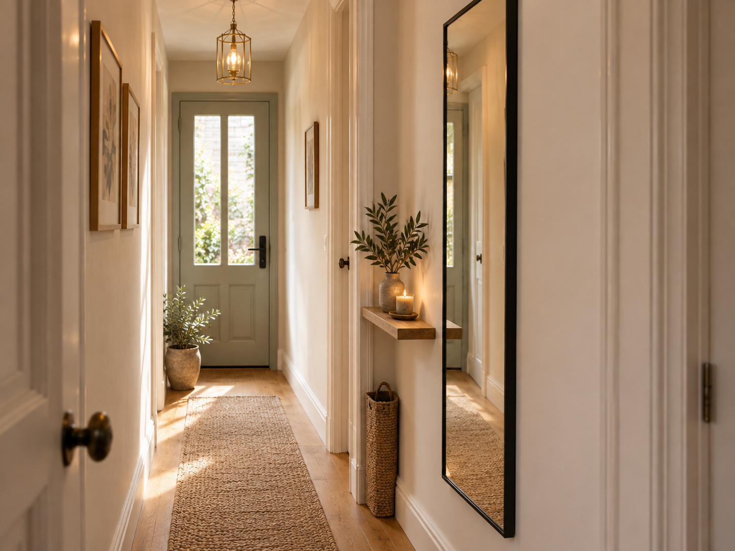 Couloir étroit avec miroir rectangulaire vertical posé sur un mur latéral.
