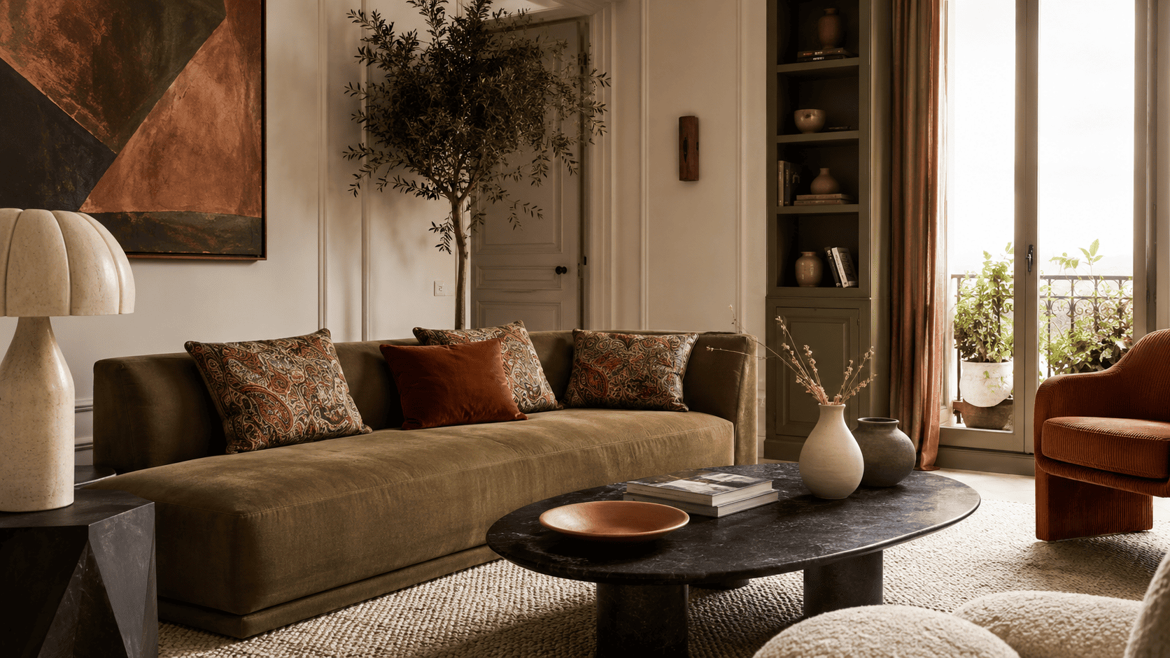 Salon contemporain avec coussins à motif cachemire, canapé moderne et palette brun olive terracotta.