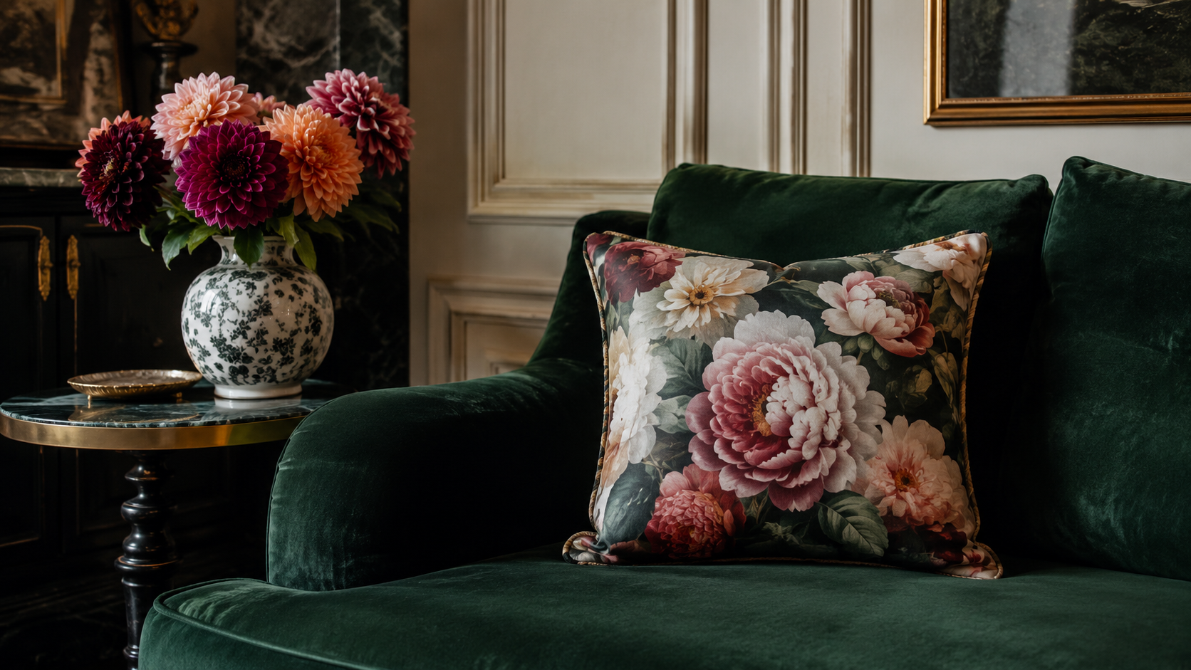 Motifs floraux en décoration avec coussin à pivoine sur canapé en velours vert et bouquet de dahlias