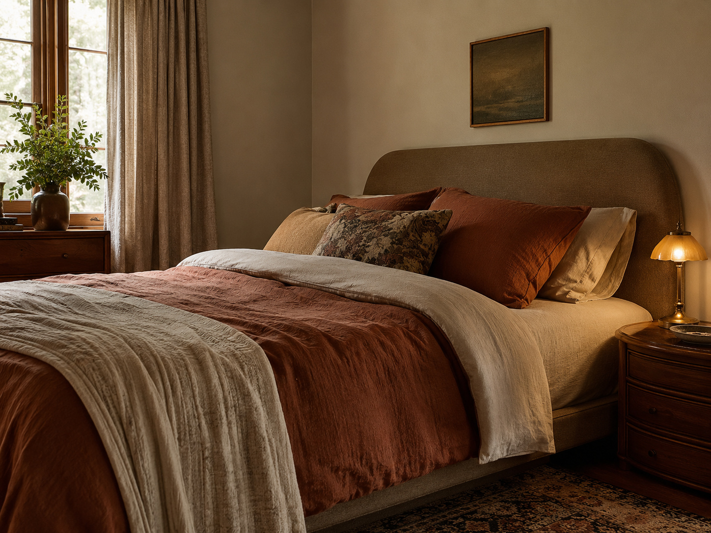 Chambre Newstalgia avec tête de lit arrondie, linge terracotta et écru, bois foncé et lampe en laiton.