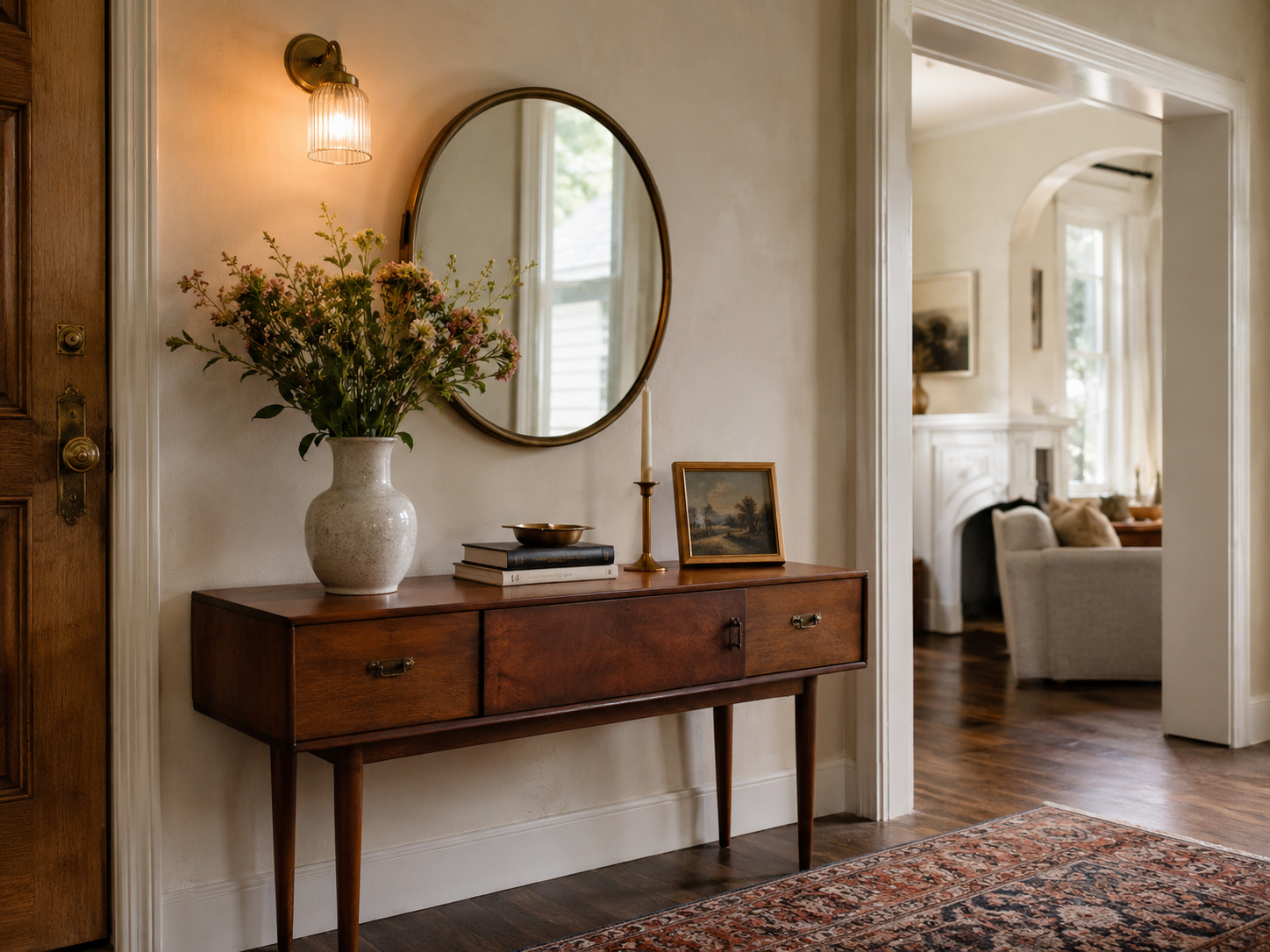 Entrée Newstalgia avec console en bois, miroir rond, applique chaude, vase en céramique et tapis à motifs.
