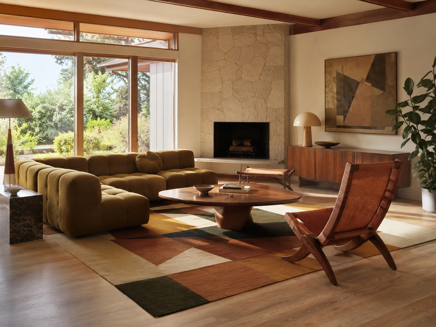 Salon Newstalgia contemporain avec mobilier aux lignes rétro, bois chaud, canapé enveloppant et tapis géométrique.