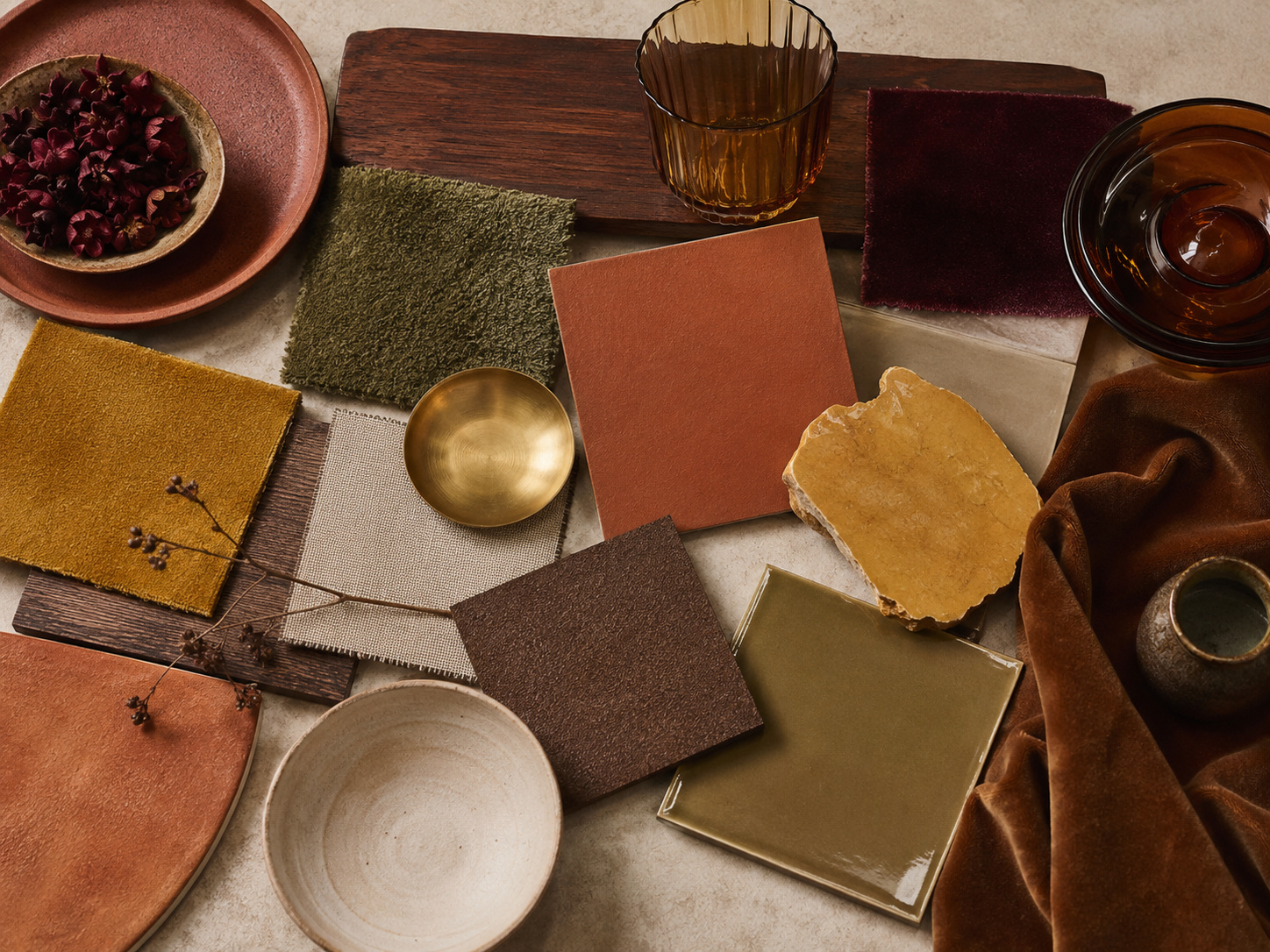 Palette Newstalgia avec terracotta, ocre, vert avocat, bordeaux, velours, verre ambré, bois et laiton.
