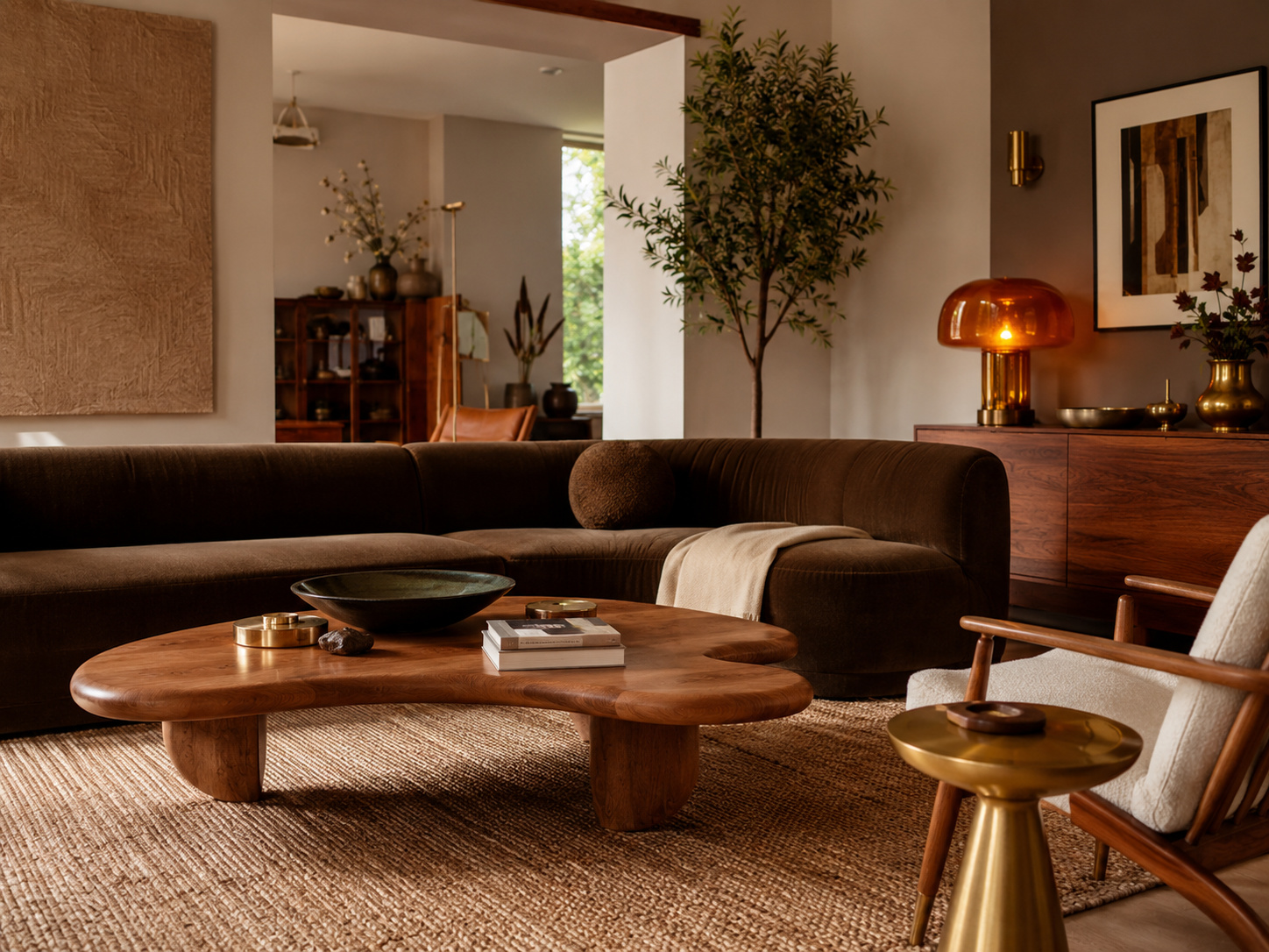 Salon contemporain aux influences mid-century avec canapé profond, bois sombre, lampe ambrée et laiton.