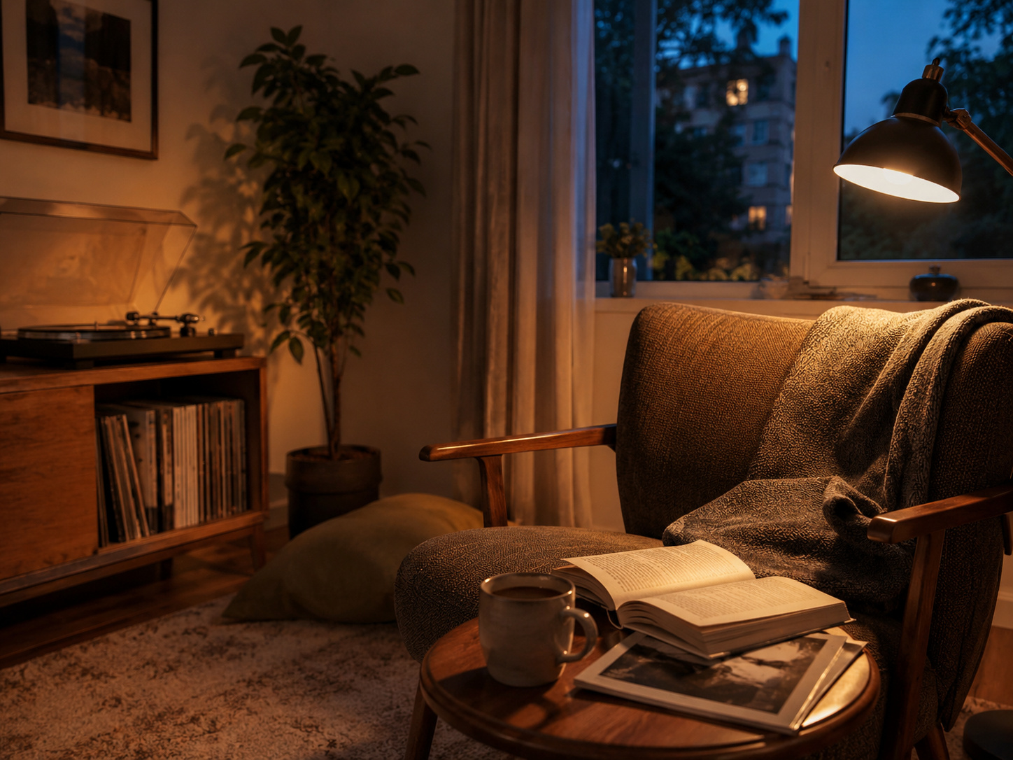 Salon Newstalgia avec fauteuil généreux en velours terracotta, lampe en laiton et objets choisis avec caractère.