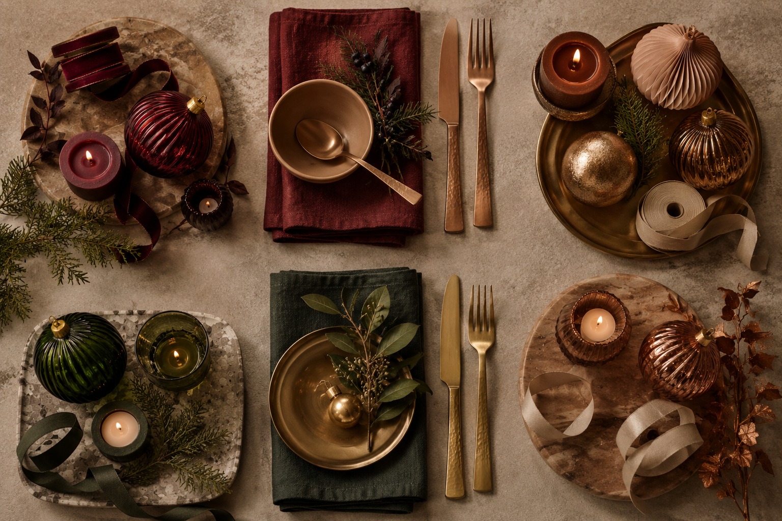 Flatlay de décorations de Noël organisées par palettes pour bien associer les couleurs