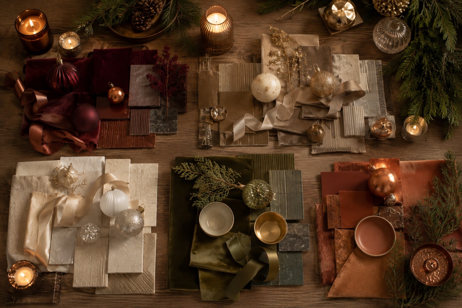 Moodboard de couleurs et matières pour choisir sa palette de Noël 2026