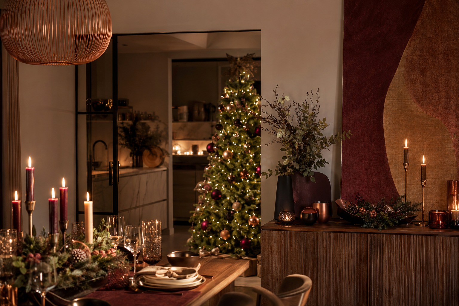 Intérieur chaleureux décoré pour Noël 2026 avec palette bordeaux, cuivre et tons naturels