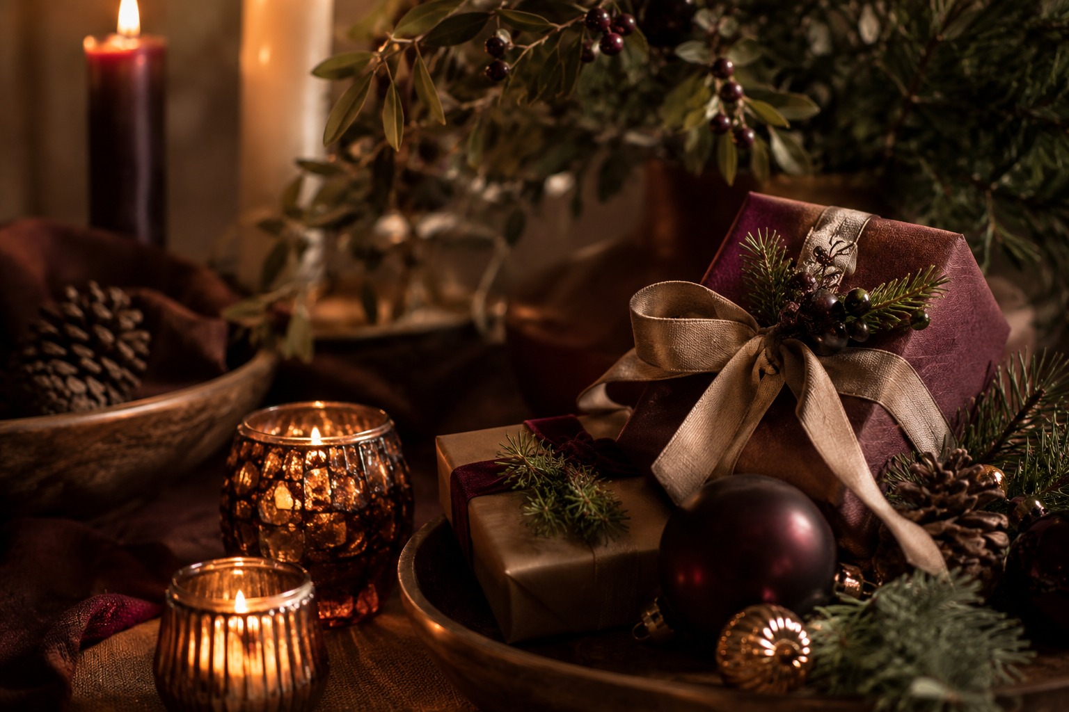 Détails de décoration de Noël 2026 en bordeaux, cuivre et matières naturelles