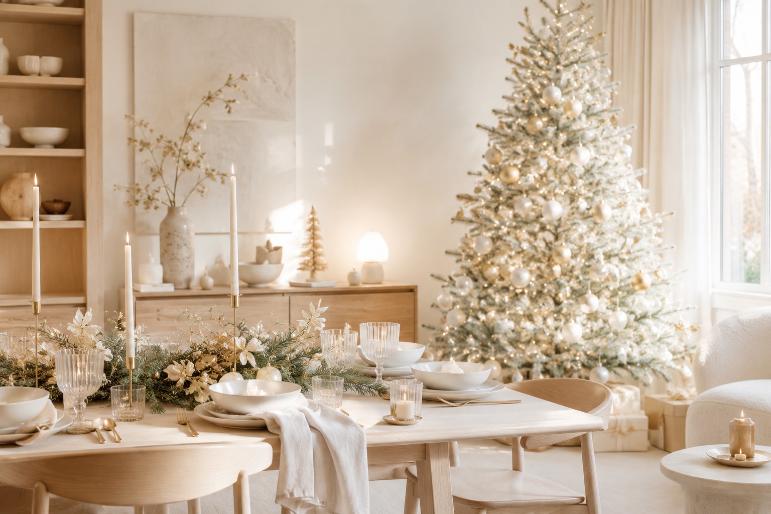 Salle à manger scandinave de Noël en blanc cassé, crème et or doux