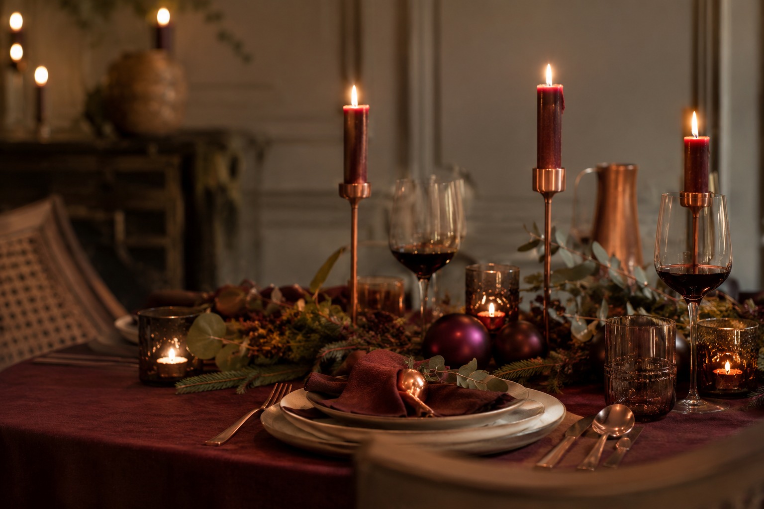 Table de Noël bordeaux et cuivre avec chandeliers et verre fumé