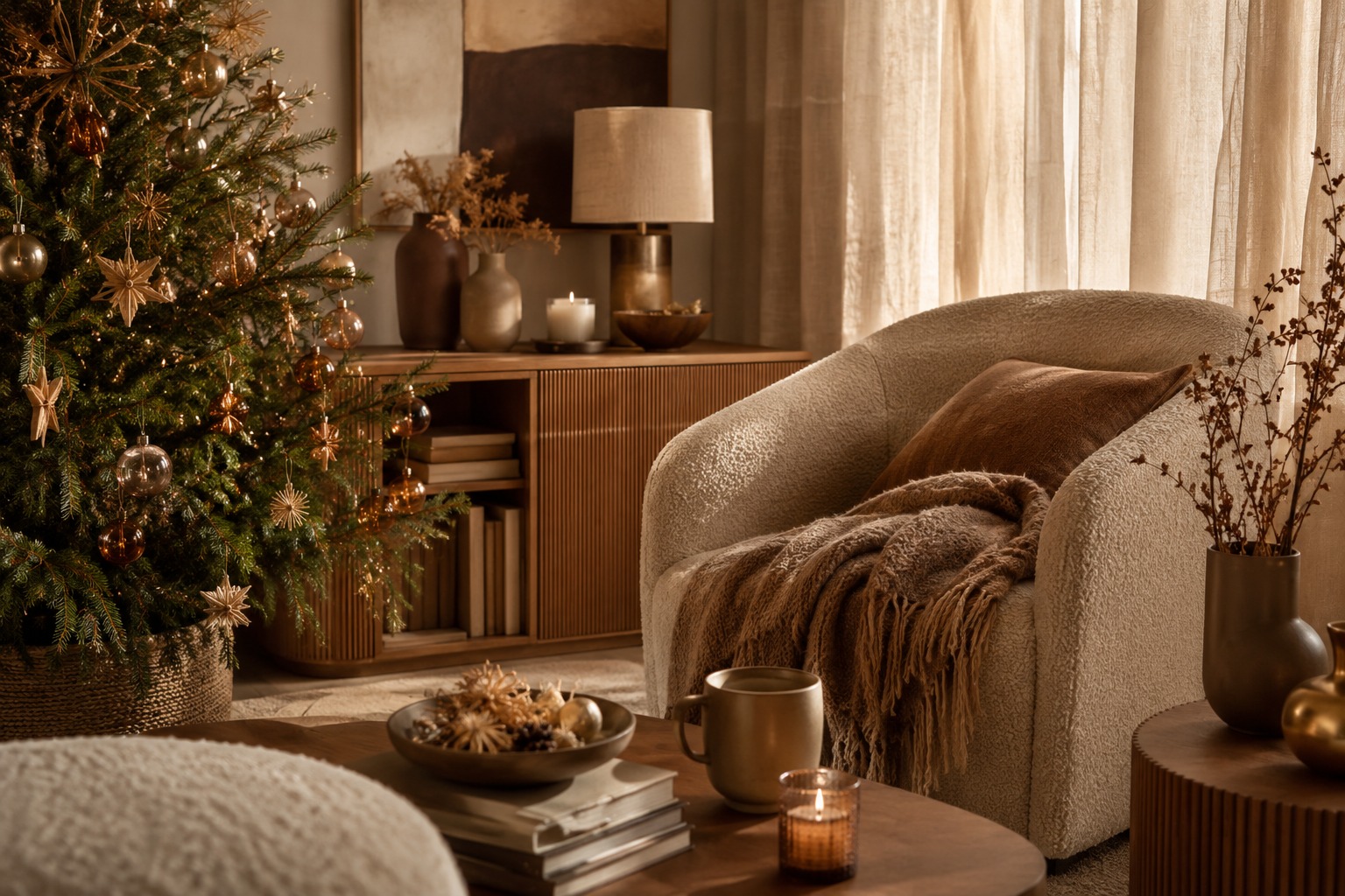 Salon cocooning de Noël 2026 en brun chaud, noisette et or mat