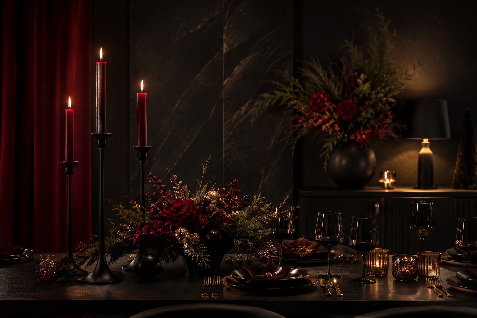 Table de fête rouge velours et noir avec bougeoirs mats et ambiance dramatique