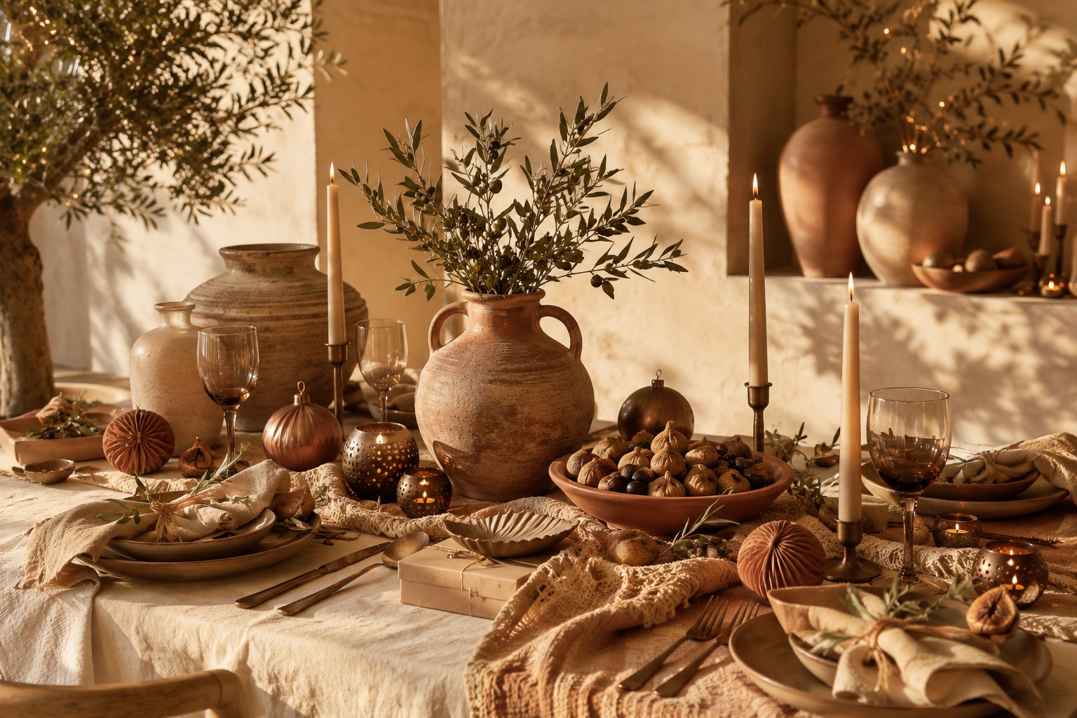 Table de Noël méditerranéenne en terracotta, beige et bronze