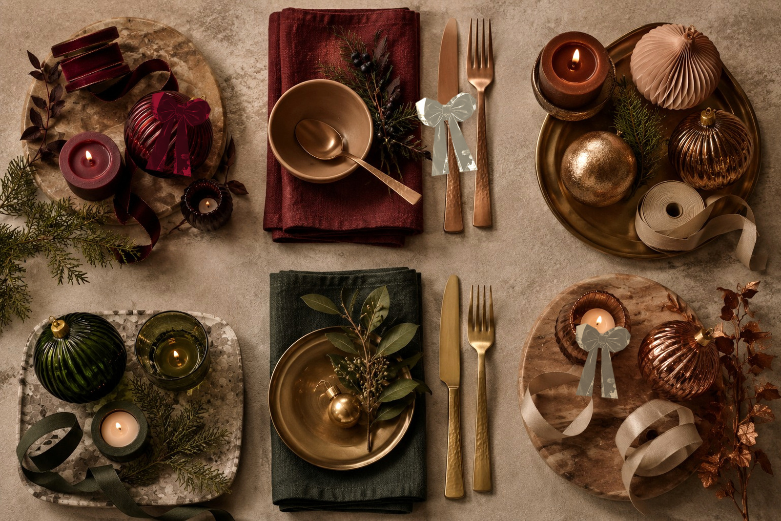 Composition d’ornements et de matières de Noël avec rubans textiles, objets mats et détails naturels.