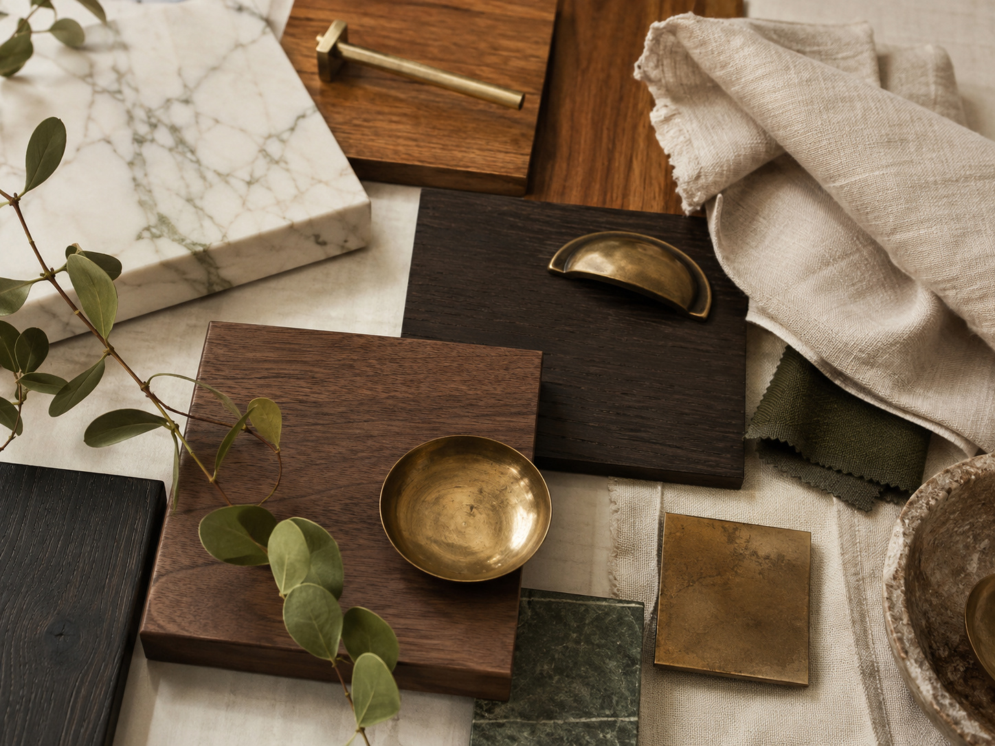 Palette de matières naturelles avec bois, lin, pierre, laiton patiné et nuances terreuses.
