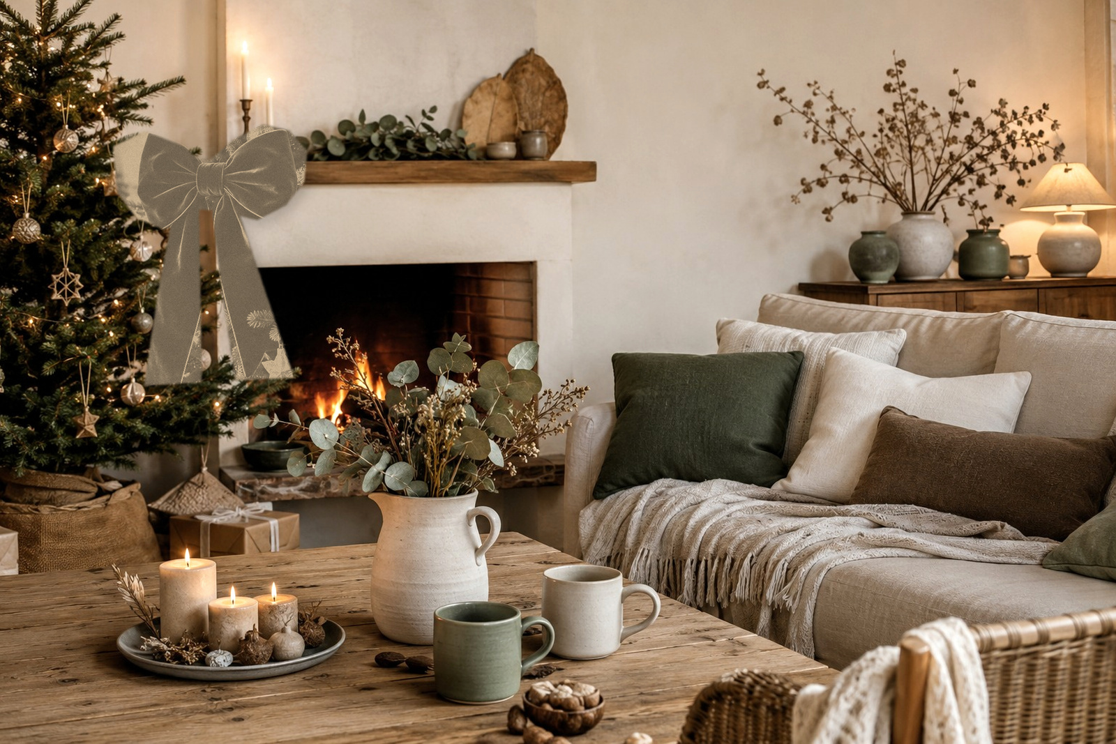 Salon clair et chaleureux avec textiles naturels, cheminée, décor de Noël sobre et matières artisanales.