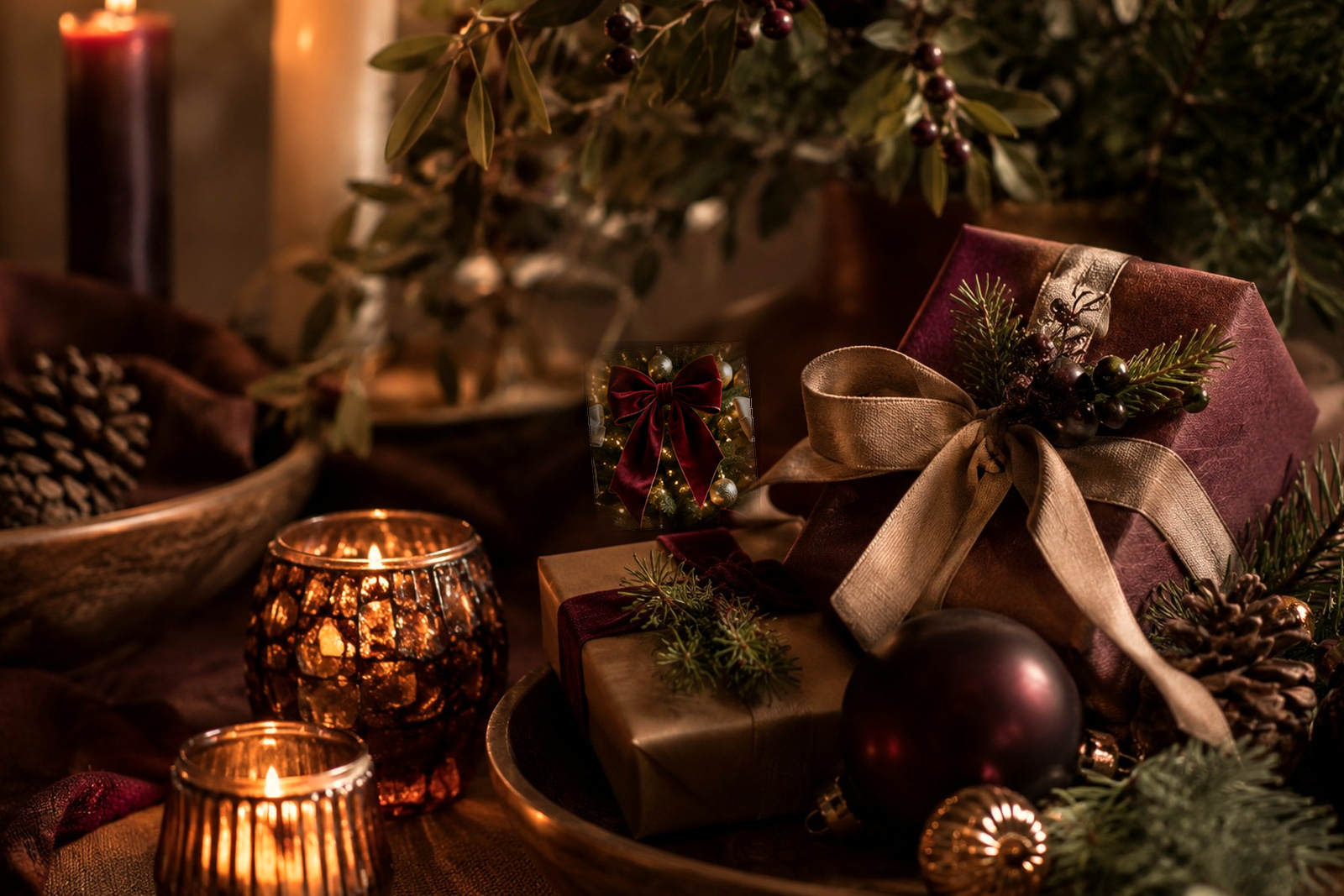 Paquets cadeaux de Noël en papier crème et bordeaux avec grands rubans et détails dorés mats.
