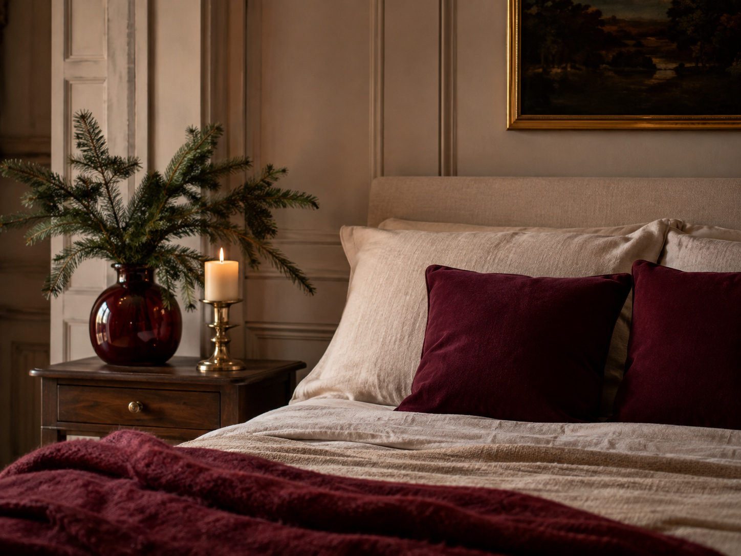 Chambre de Noël intime avec linge crème, coussins bordeaux, plaid et bougeoir en laiton.