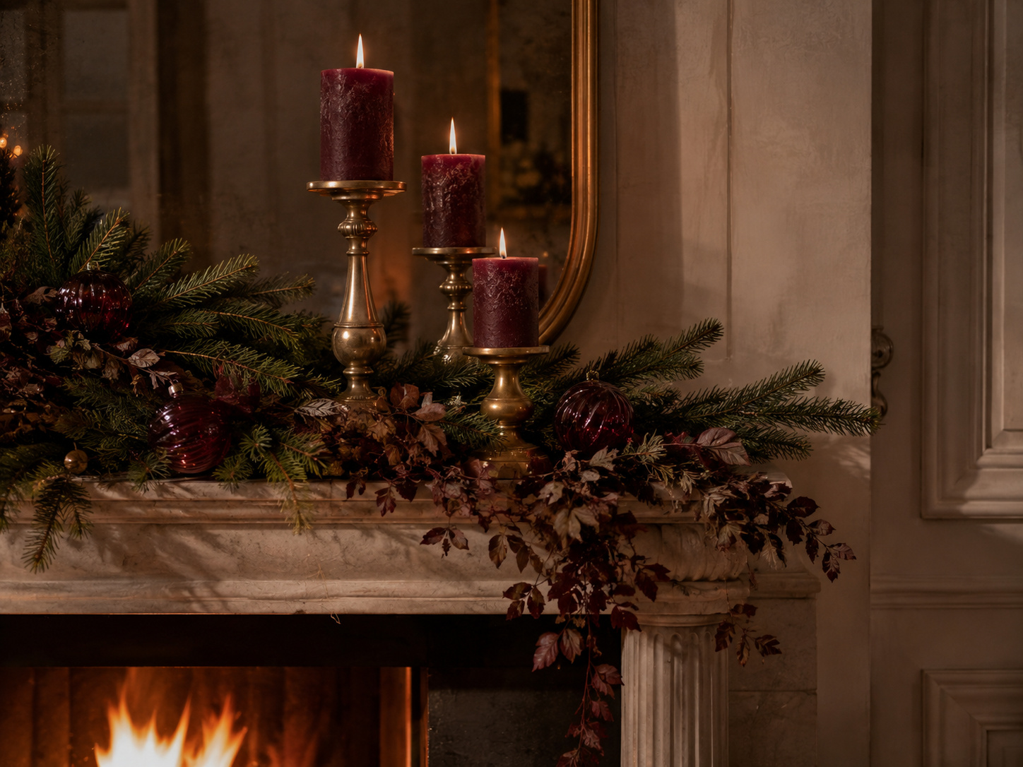 Cheminée de Noël avec bougies bordeaux, bougeoirs en laiton patiné, branches de sapin et boules assorties.