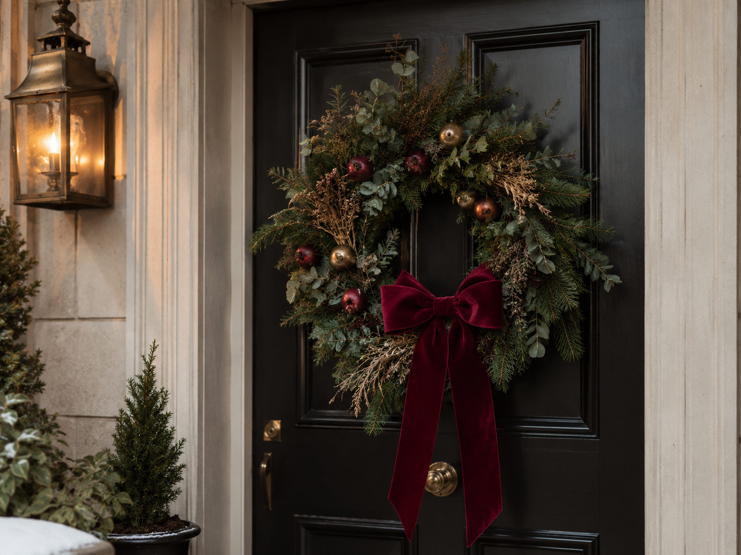Couronne de Noël sur porte sombre avec grand nœud en velours bordeaux, végétaux et ornements dorés.