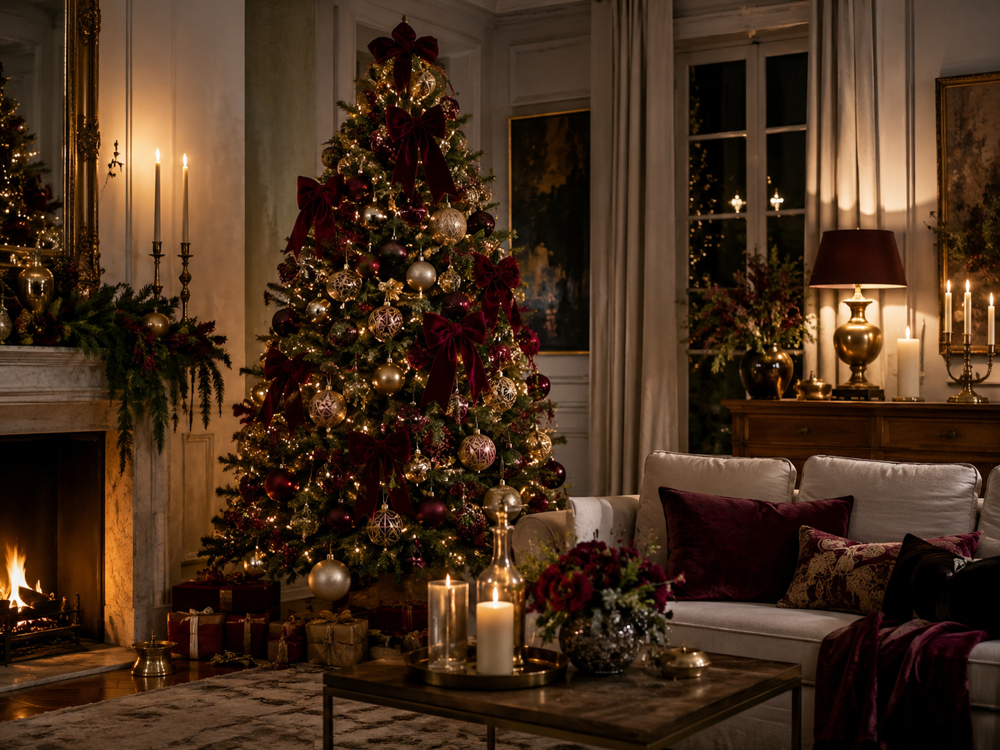 Salon de Noël élégant avec sapin bordeaux et or, cheminée, canapé crème et lumière chaleureuse.