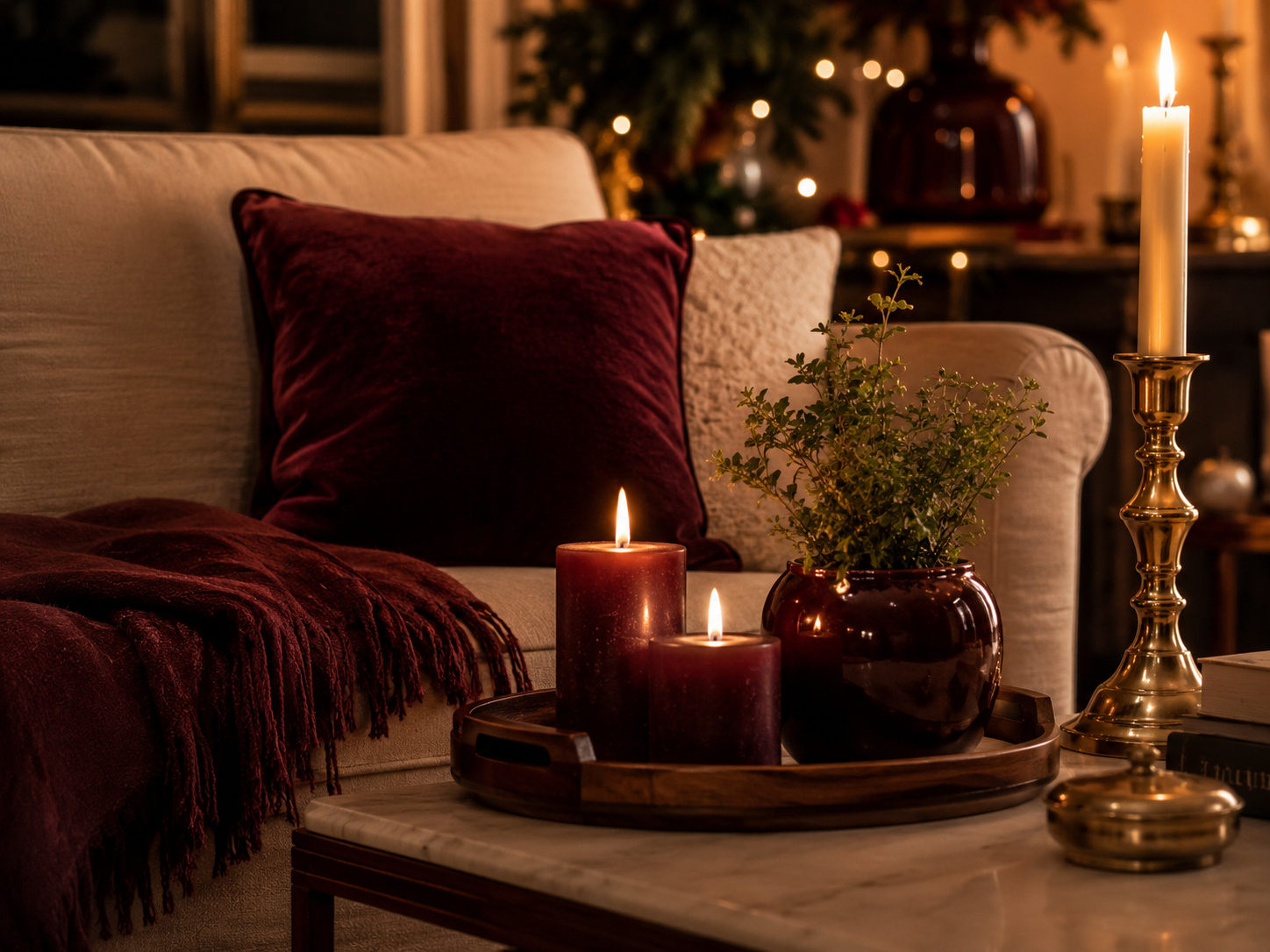 Coin salon de Noël avec coussin en velours bordeaux, plaid, bougies et bougeoir en laiton.