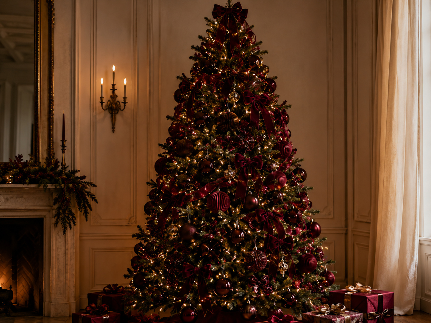Sapin de Noël décoré de rubans en velours bordeaux, boules profondes et ornements dorés mats.