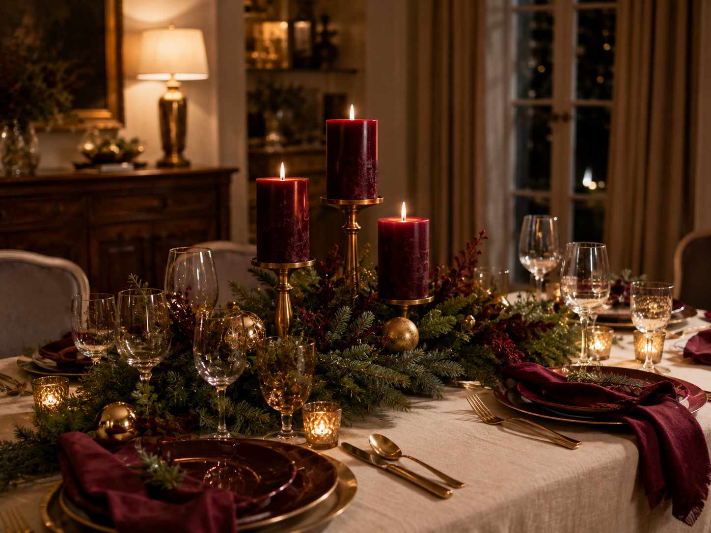 Table de Noël bordeaux et or avec linge crème, bougies bordeaux, laiton patiné et branches de sapin.
