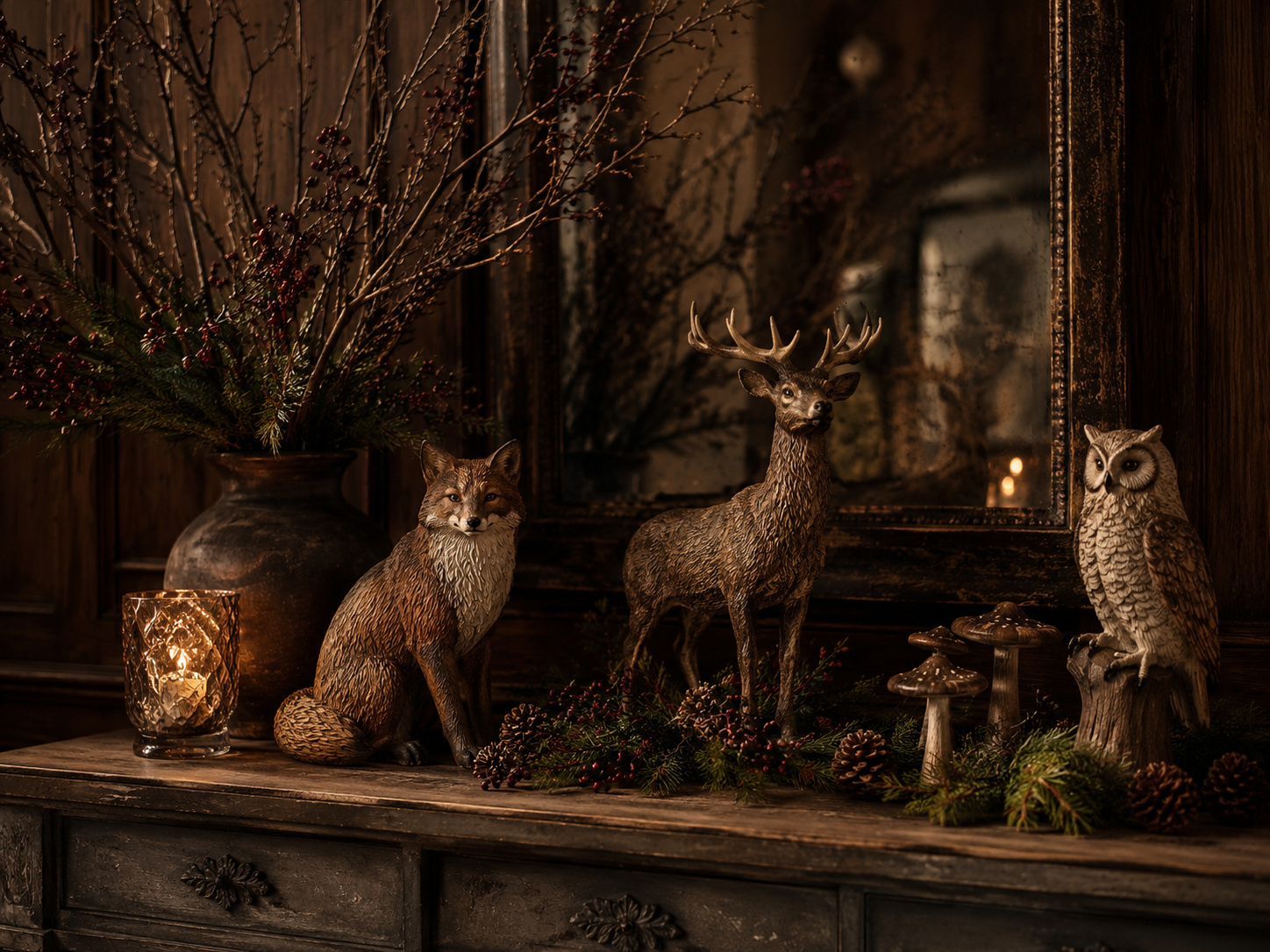 Composition de forêt enchantée avec renard, cerf, hibou, branches sombres et photophore en verre.