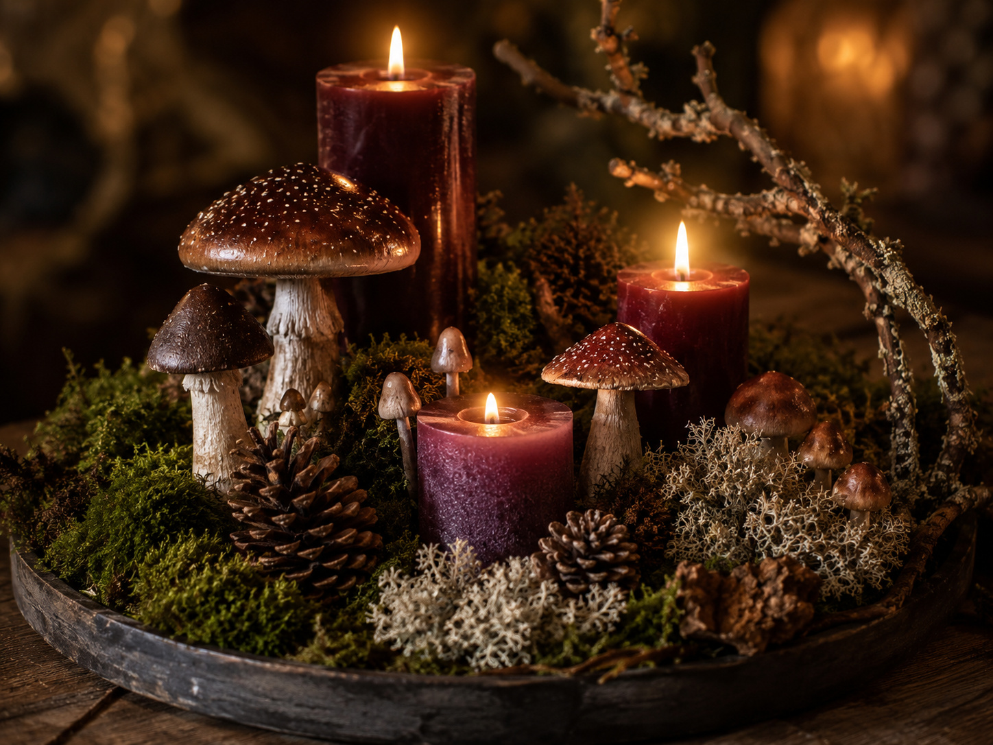 Composition féerique de champignons décoratifs, mousse, pommes de pin et bougies bordeaux.