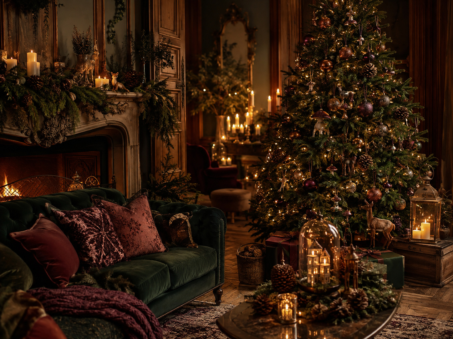 Salon de Noël féerique avec sapin enchanté, velours profond, forêt miniature et lumière chaude.