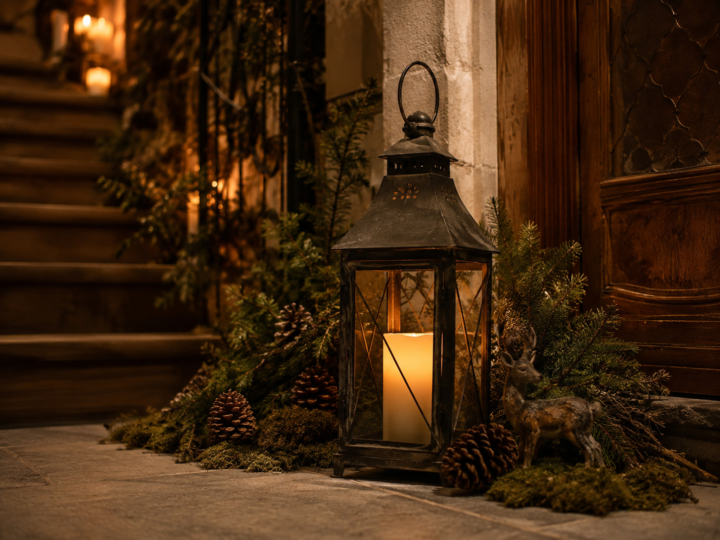 Lanterne de Noël en métal patiné posée près d’un escalier avec sapin, pommes de pin et petit cerf.