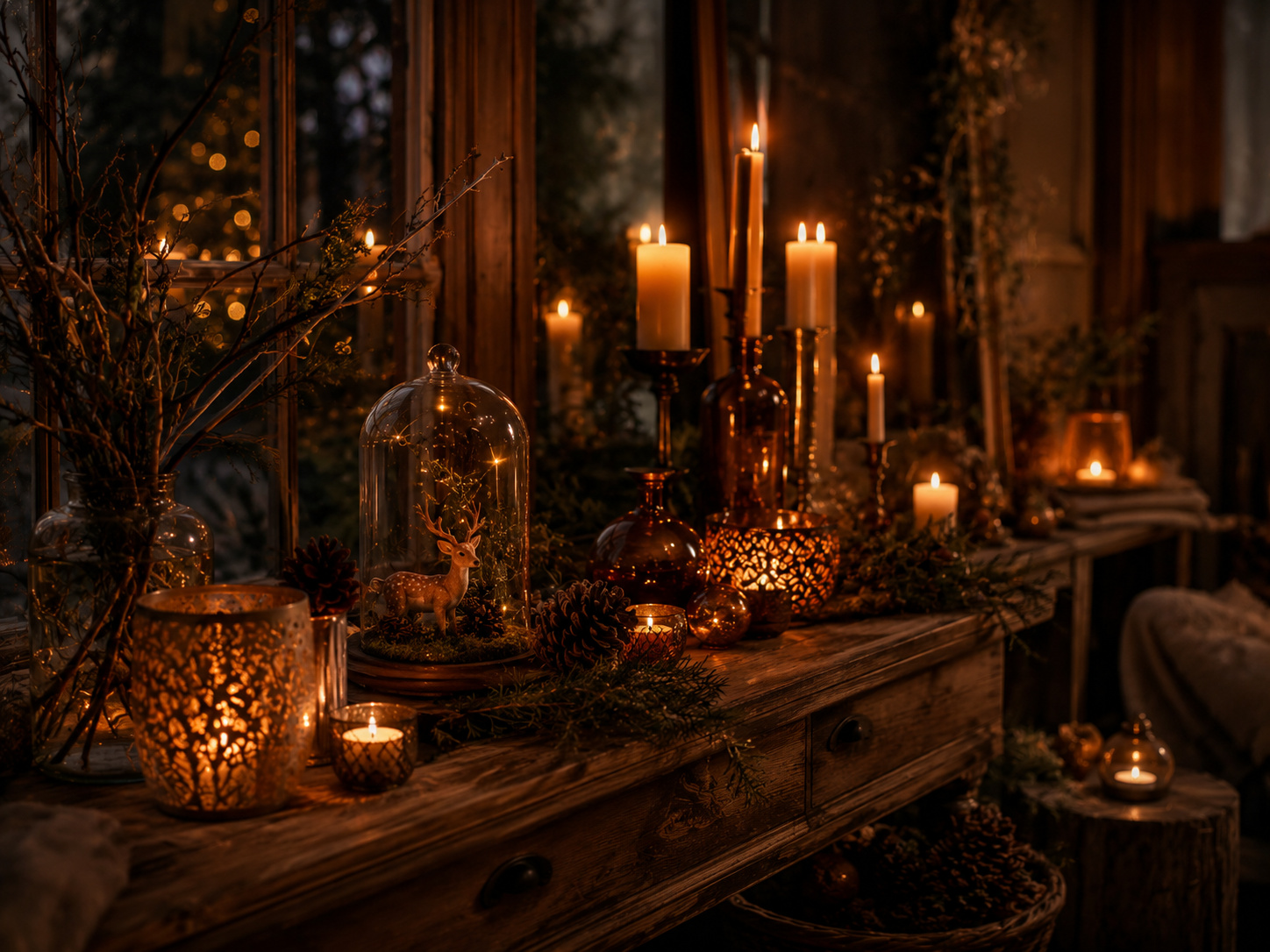 Console de Noël éclairée par des bougies, photophores ambrés, cloche en verre et branches naturelles.