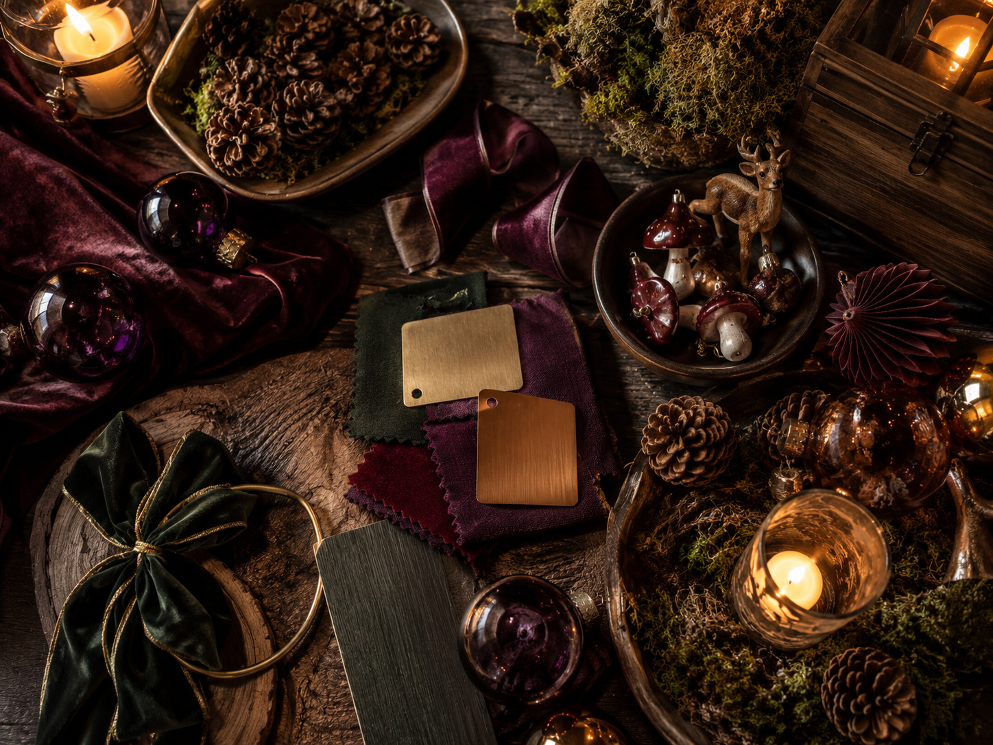 Palette de Noël féerique avec velours vert forêt et prune, cuivre patiné, boules sombres et végétaux.