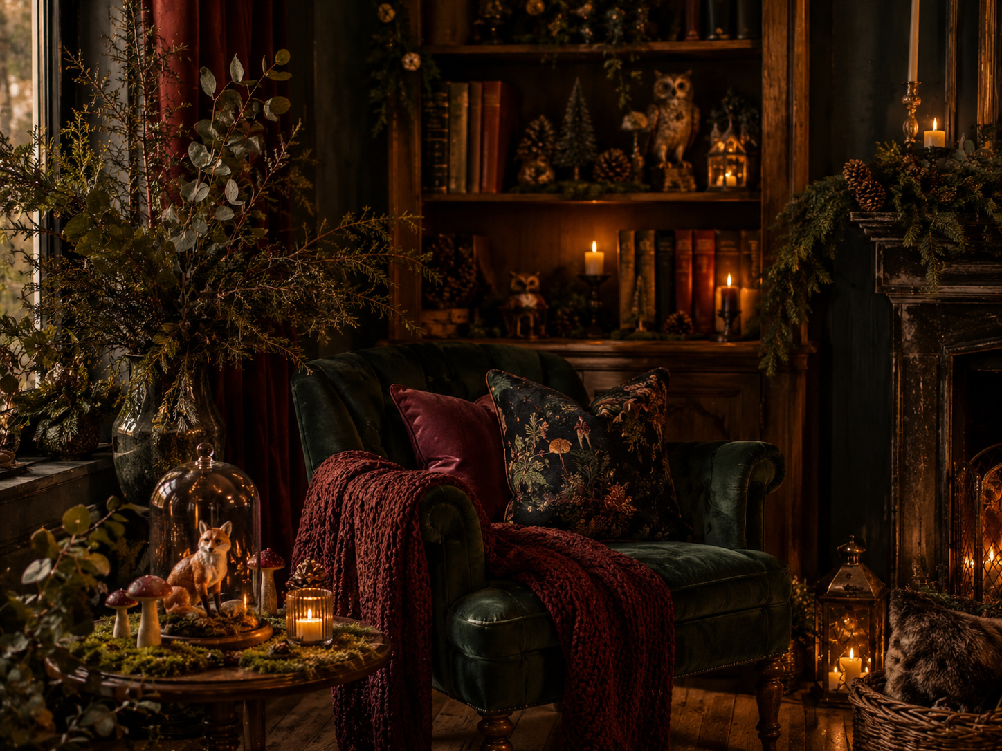 Coin salon inspiré d’une forêt enchantée avec fauteuil vert, plaid bordeaux, champignons et lumières basses.