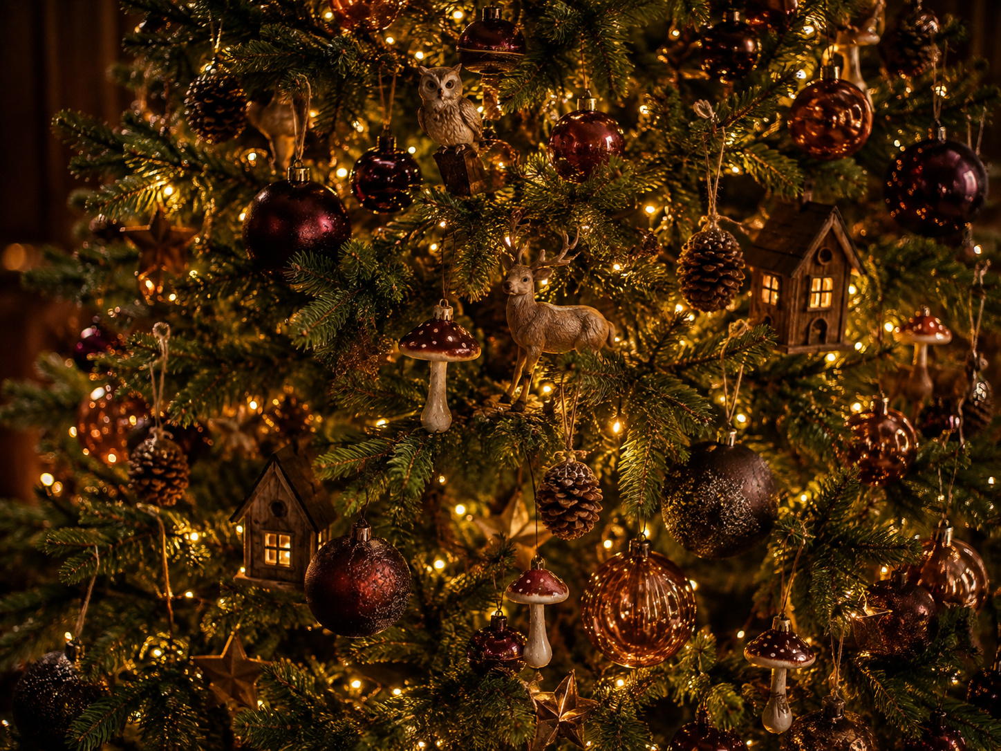 Sapin de Noël enchanté décoré de champignons, animaux de forêt, maisons miniatures et boules bordeaux.