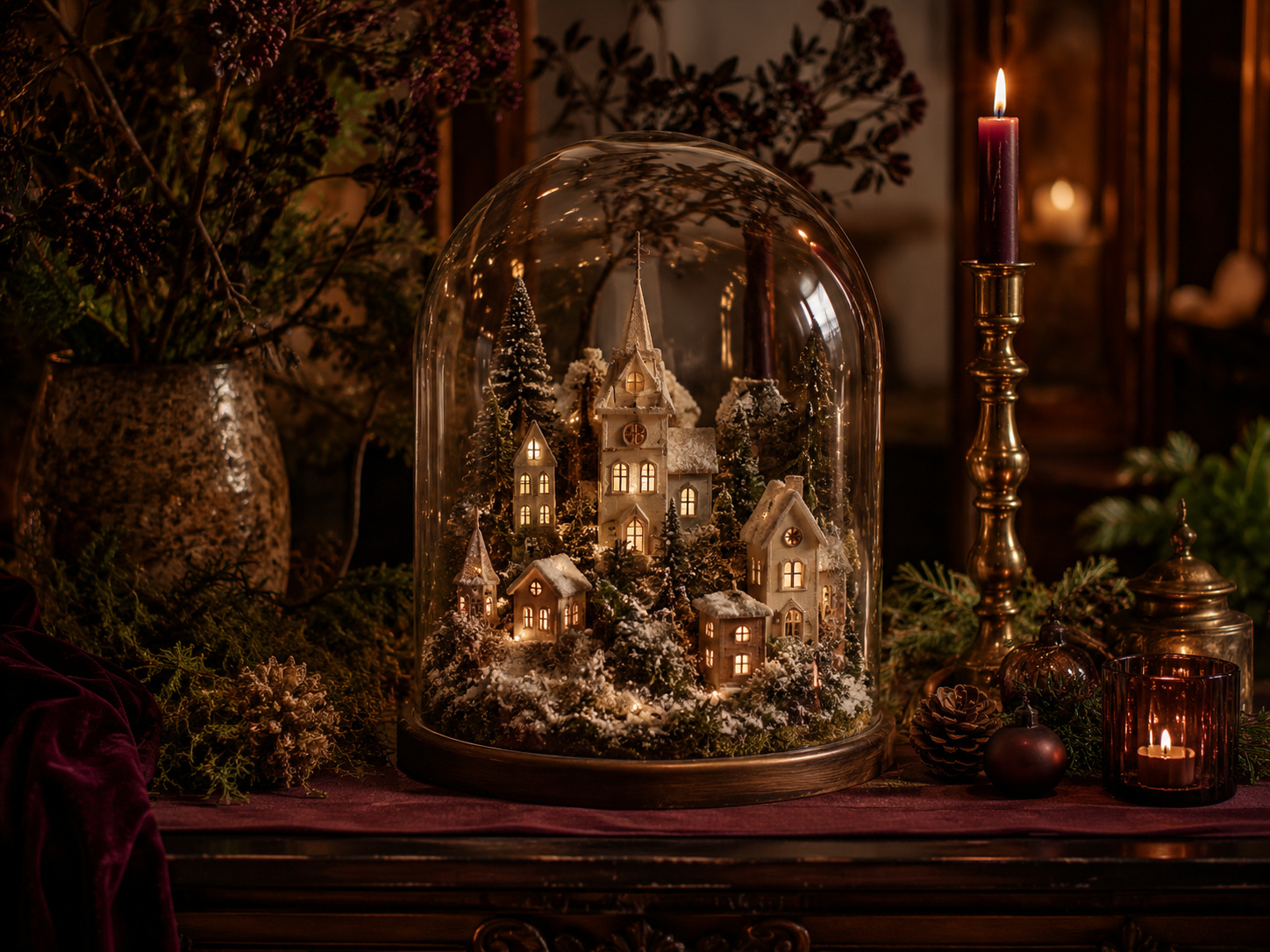 Village miniature d’hiver sous cloche en verre avec maisons illuminées, mousse, sapins et bougie bordeaux.