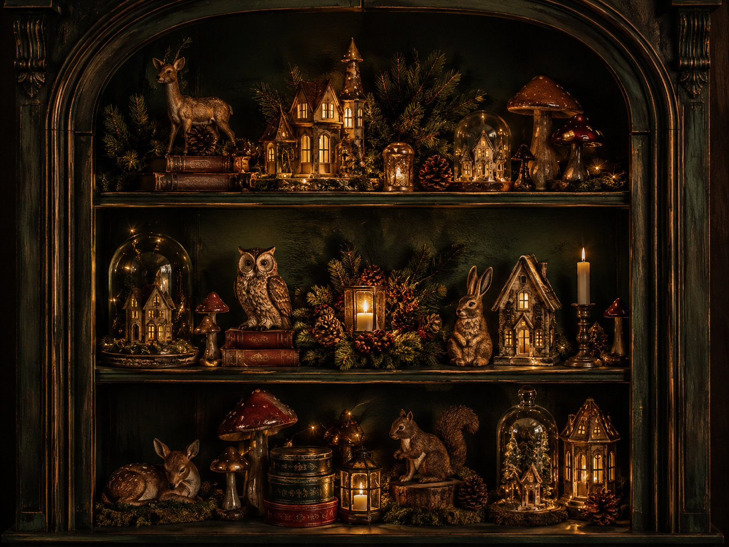 Vitrine enchantée avec petites maisons, hibou, lapin, faon, champignons, cloches en verre et lumières chaudes.