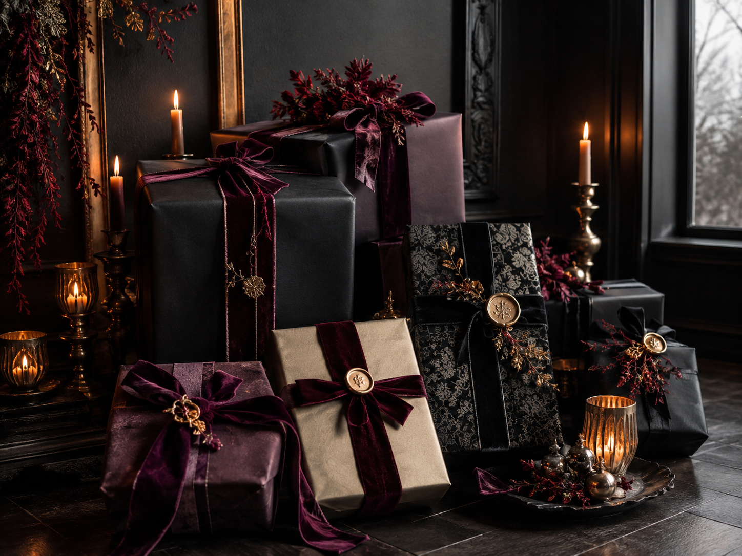 Paquets cadeaux gothiques en papier noir, bordeaux et ivoire avec rubans de velours et détails dorés patinés.