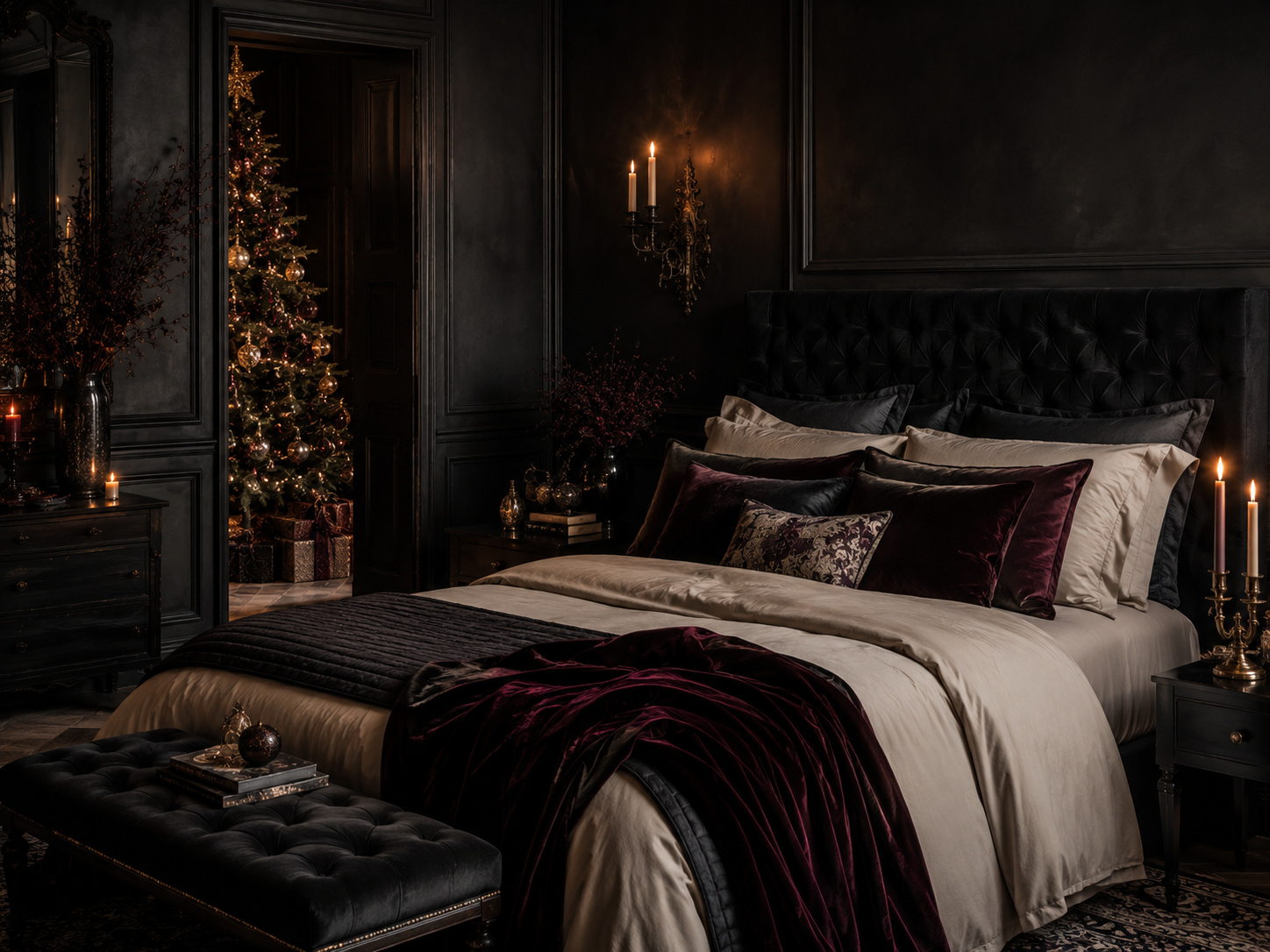 Chambre de Noël gothique chic avec linge ivoire, velours bordeaux, tête de lit noire et lumière de bougie.