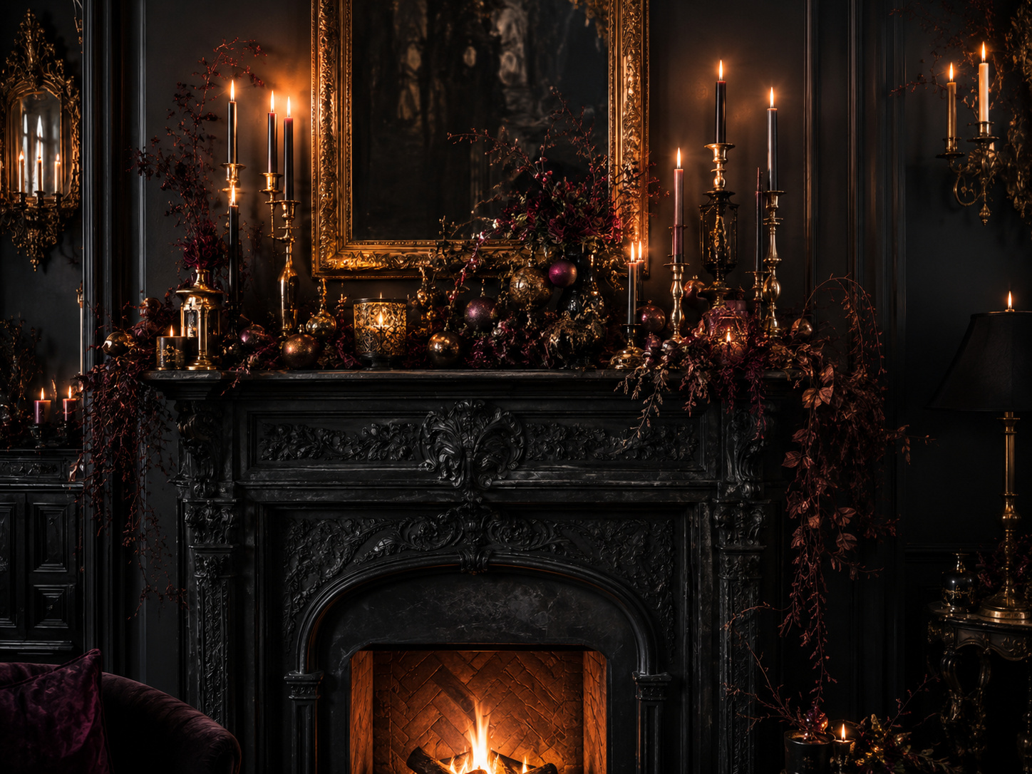 Cheminée de Noël gothique chic avec bougies noires, laiton patiné, verre fumé et végétaux bordeaux.