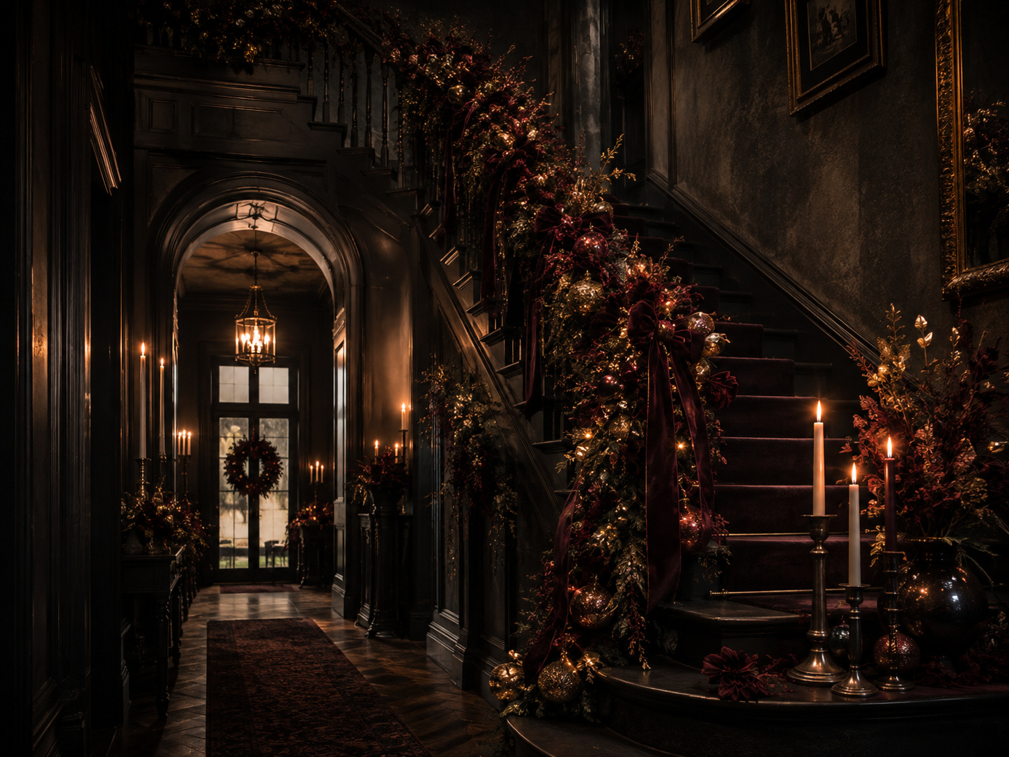 Entrée de Noël gothique chic avec escalier décoré, bougies, rubans bordeaux et végétaux sombres.